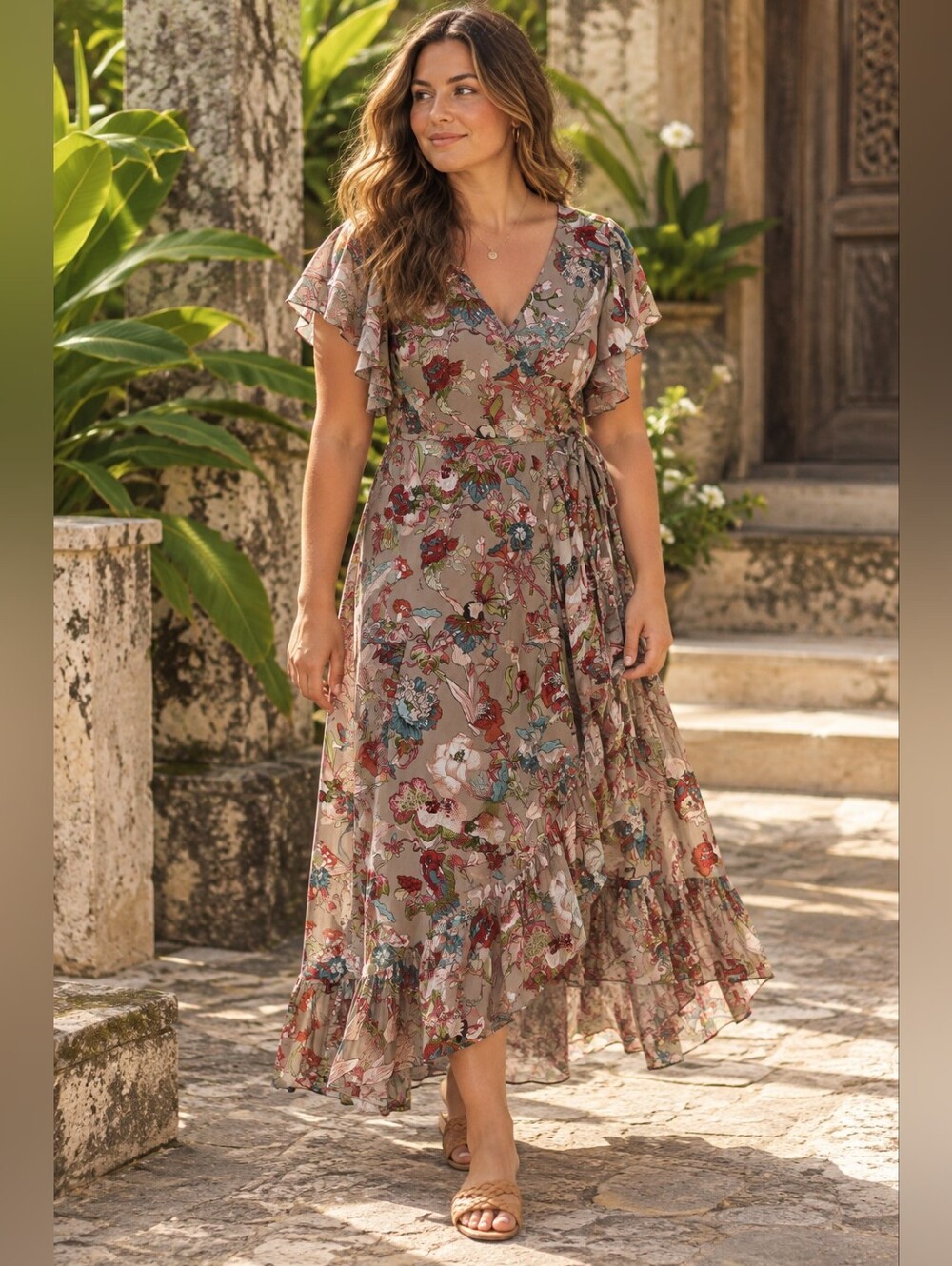 Floral Ruffle Wrap Maxi Dress in Taupe